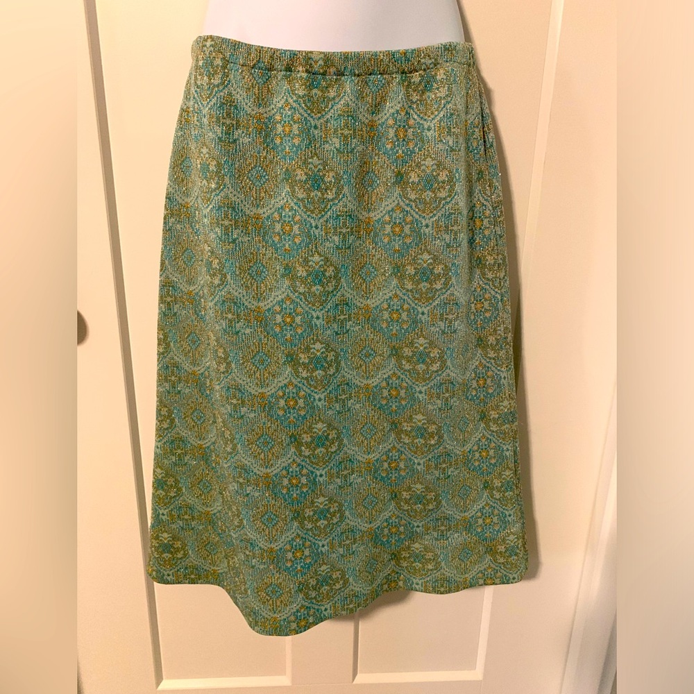 Vintage Teal and Gold Brocade Midi Skirt